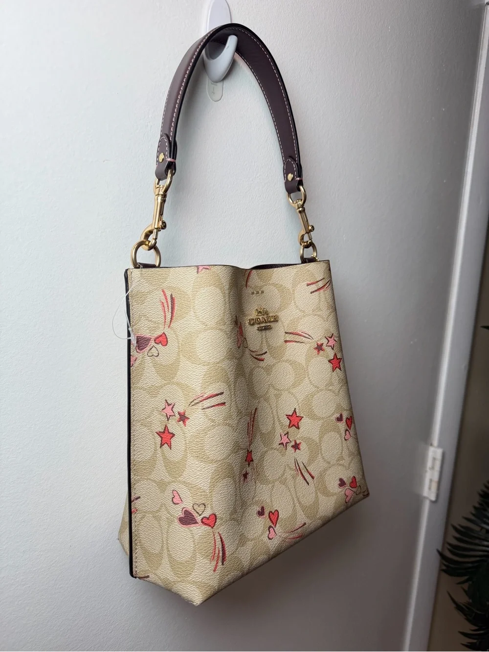 Coach Beige Signature Canvas Tote with Pink & Red Heart Print